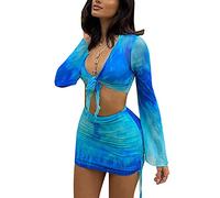 SHESEEWORLD Women's Sexy Long Sleeve 2 Pieces Sheer Mesh Cover Up Dress Crop Top Bodycon Ruched Y2K Mini Skirt Sets, Blue, S