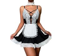 SHESHY Women Sexy Lingerie Maid Cosplay Costume French Naughty Cute Lace Deep V Dress Lingerie Babydoll Sleepwear
