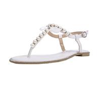 SheSole Ladies White Flat Sandals Pearls Flip Flops Summer Beach Wedding Shoes for Bride UK Size 4
