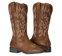 SheSole Womens Cowboy Boots Square Toe Mid Wide Calf Ladies Cowgirl Boots Tan UK SIZE 4
