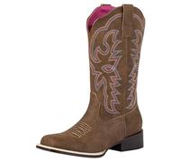 SheSole Women's Fashion Wide Square Toe Western Cowgirl Cowboy Boots Mid Calf Brown UK Size 6