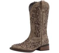 SheSole Women's Square Toe Cowboy Boots Wide Calf Western Shoes Ladies Rhinestone Cowgirl Boot PU Leather Brown Size 8