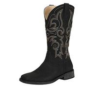 SheSole Women's Square Toe Western Cowgirl Cowboy Boots Mid Calf Embroidered Black UK Size 5