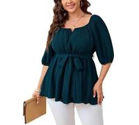 SHESTARR Women's Plus Size Square Neck Peplum Blouses Dressy Tops 3/4 Puff Sleeve Empire Waist Tie Ruffle Hem Babydoll Top, Lake Blue, XXL Plus
