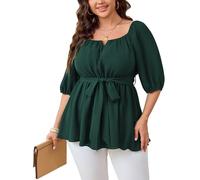 SHESTARR Women's Plus Size Square Neck Peplum Blouses Dressy Tops 3/4 Puff Sleeve Empire Waist Tie Ruffle Hem Babydoll Top, Green, 3XL