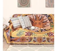 Shesyuki Boho Throw Blanket for Bed Couch Sofa Reversible Cotton Bohemian Travel Boho QuiltMexican Muslin Blanket Tapestry Hippie Room Decor Outdoor Blanket Double Sided (Sun Pattern Yellow 70"x90")