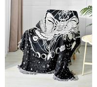 Shesyuki Boho Throw Blanket Reversible Cotton Bohemian Tapestry Hippie Room Decor Carpet Bed Chair Couch Sofa Cover Double Sided (Month Moth Black 50"x60")