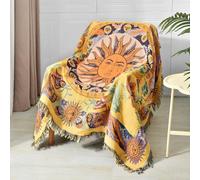 Shesyuki Boho Throw Blanket Reversible Cotton Bohemian Tapestry Hippie Room Decor Carpet Chair Couch Sofa Cover Outdoor Blanket Double Sided (National Sun Pattern Yellow 50"x60")
