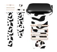 Shesyuki Printed Watch Strap with Charms Compatible with Apple Watch 38mm 40mm 41mm 42mm 44mm 45mm 49mm, Printed Soft Silicone Strap and Decorative Ring Loops for iWatch Series 7, pink ring cow, 42/44