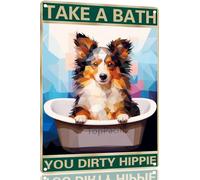 Shetland Sheep 8x12 Inch Aluminum Sign for Dog Lovers Take A Bath You Dirty Hippie-Vintage Retro Dog Metal Wall Art,Dog Hippie Metal Tin Sign for Home Toilet Bathroom