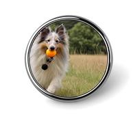 Shetland Sheepdog Running in The Grass Novelty Brooches & Pins Round Personalised Metal Lapel Badge With Butterfly Clutch Clasp