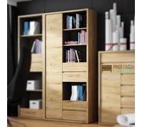 SHETLAND TALL WIDE 1 DOOR 4 DRAWER BOOKCASE SHELVING STORAGE UNIT OAK FINISH