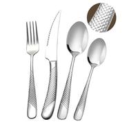 SHEUMNT 24 Pieces Modern Black Hammered Cutlery Set with Ultra Sharp 2-in-1 Serrated Knive, 18/10 Stainless Steel Silverware Set, Titanium Plated Flatware Set for 6 People, Knives Forks Spoons Set