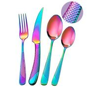 SHEUMNT 24 Pieces Modern Rainbow Hammered Cutlery Set with Ultra Sharp 2-in-1 Serrated Knive, 18/10 Stainless Steel Silverware Set, Titanium Plated Flatware Set for 6 People, Knives Forks Spoons Set