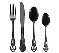 SHEUMNT Retro Black Silverware Set for 6, Gorgeous 24 Pieces Stainless Steel Black Flatware Set, Service for 6, Utensil Set Fork Spoon Knife, Antique Baroque Cutlery Set