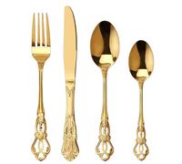 SHEUMNT Retro Gold Silverware Set for 6, Gorgeous 24 Pieces Stainless Steel Golded Flatware Set, Service for 6, Utensil Set Fork Spoon Knife, Antique Baroque Cutlery Set