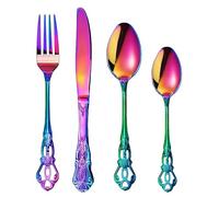 SHEUMNT Retro Rose Rainbow Silverware Set for 6, Gorgeous 24 Pieces Stainless Steel Flatware Set, Service for 6, Utensil Set Fork Spoon Knife, Antique Baroque Cutlery Set