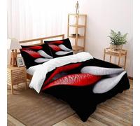 SHEVIOMB Red Lips White Lips Bedding Set 3D Digital Printing Horror FacialOrgan Duvet Cover 3 Pieces Set Chic Breathable Quilt Cover Universal for All Seasons with Pillow Double（200x200cm）
