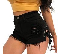 Shevog Denim Shorts for Women Ripped Side Lace Up Low Waist Hotpants Bottom (Black, UK 6 /Tag S)