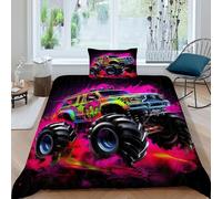 SHEVOVER Colourful Monster Truck Bedding Sets with Pillow Shams 3D Printed Extreme Sports Comforter Cover Set 2 Pcs with Zipper Closure, for Kids Teenagers Adult Single（135x200cm）