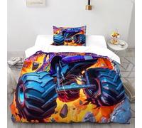 SHEVOVER Monster Truck Bedding Set with Pillow Shams 3D Printed Extreme Sports Soft Microfiber Quilt Cover Set 2 Pcs with Zipper Closure, for Kids Teenagers Adult Single（135x200cm）