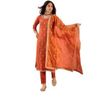 SheWill Kurta Set for Women Georgette Zari Sequence Cording Embroidery with Diamond Worked Kurta with Pant and Dupatta Set, Orange, XXL