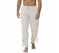 SHEYOW Men Trousers Linen Pants Medieval for Men Retro Costume Viking Pirate Halloween (3XL, White)