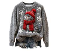 Shfebrinox Christmas Jumper Womens Funny Cute Cat Dog Printed Xmas Flannel Sweatshirt Oversized Fleece Fuzzy Xmas Jumper Christmas Themed Pullover Sweater Cozy Festive Wear Thermal Clothing Grey