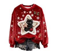 Shfebrinox Christmas Jumper Womens Funny Cute Cat Dog Printed Xmas Flannel Sweatshirt Oversized Fleece Fuzzy Xmas Jumper Christmas Themed Pullover Sweater Cozy Festive Wear Thermal Clothing Black