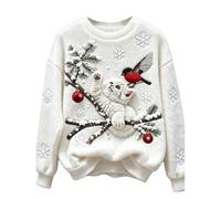 Shfebrinox Christmas Jumper Womens Funny Cute Cat Dog Printed Xmas Flannel Sweatshirt Oversized Fleece Fuzzy Xmas Jumper Christmas Themed Pullover Sweater Cozy Festive Wear Thermal Clothing White