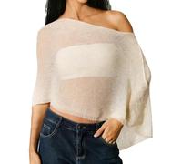 Shfebrinox Women Knit Asymmetrical Poncho, Beach Cover up Top Loose Summer See Through Lightweight Off Shoulder Shawl Blouse Top Lightweight Poncho Y2K Aesthetic Crop Tops Pullover Shrug Cape Beige
