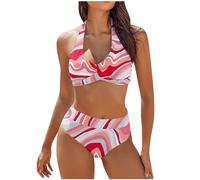 Shffuw Bikini Set for Women UK High Waisted Solid/Printed Two Piece V-Neck Tummy Control Swimwear Top Bottoms Push Up Vintage Beachwear Twist Front Swimming Costume Ladies Beach Holiday Clothes S-XXL