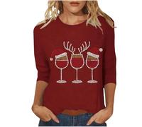 Shffuw Christmas Shirts for Women UK Glitter Xmas Tree Print 3/4 Sleeve Tops Funny Wine Glass Pattern Tee Cotton Crewneck Pullover novelty Ugly Sweatshirt Lightweight Fashion Ladies Xmas Top