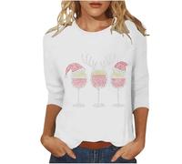 Shffuw Christmas Shirts for Women UK Glitter Xmas Tree Print 3/4 Sleeve Tops Funny Wine Glass Pattern Tee Cotton Crewneck Pullover novelty Ugly Sweatshirt Lightweight Fashion Ladies Xmas Top
