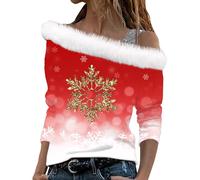 Shffuw Fashion Printed Christmas Top Women One Shoulder Long Sleeve Pullover T-Shirt Soft Comfy Festive Party Wear Holiday Blouse for Women UK Trendy Casual for Dating Ladies Xmas Sweatshirt Red