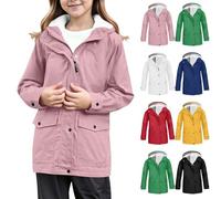 Shffuw Girls Waterproof Jacket Raincoat for Kids Windproof Windbreaker Solid Full Zip Up Button Raincoats With Pockets Long Sleeve Outwear Teens Rain Coats Lightweight Breathable Fleece Jackets Hooded