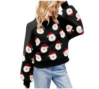Shffuw Ladies Christmas Jumpers Cute Santa Jumper Head Pattern Crewneck Pullover Knitted Sweater Soft Smooth Sweaters Loose Comfy Warm Winter Jumpers Stylish Christmas Tops Ladies Xmas Jumper Black