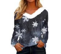 Shffuw Ladies Christmas Jumpers Long Sleeve Trim Graphic Xmas Sweatshirts V Neck Plush Collar Christmas Tree Print Lightweight Loose Fit Pullover Thermal Comfy Jumper Christmas T Shirts Womens Black