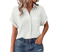 Shffuw Linen Tops for Women UK Summer Ladies Casual Button Down Short Sleeve Tunic Blouses Textured Collared Solid Elegant T-Shirts Oversized Trendy Lounge Cotton Baggy Tshirts Size S-5XL