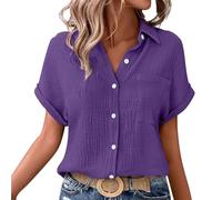 Shffuw Linen Tops for Women UK Summer Ladies Casual Button Down Short Sleeve Tunic Blouses Textured Collared Solid Elegant T-Shirts Oversized Trendy Lounge Cotton Baggy Tshirts Size S-5XL