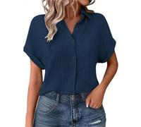 Shffuw Linen Tops for Women UK Summer Ladies Casual Button Down Short Sleeve Tunic Blouses Textured Collared Solid Elegant T-Shirts Oversized Trendy Lounge Cotton Baggy Tshirts Size S-5XL