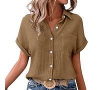Shffuw Linen Tops for Women UK Summer Ladies Casual Button Down Short Sleeve Tunic Blouses Textured Collared Solid Elegant T-Shirts Oversized Trendy Lounge Cotton Baggy Tshirts Size S-5XL