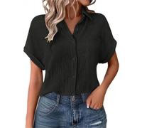 Shffuw Linen Tops for Women UK Summer Ladies Casual Button Down Short Sleeve Tunic Blouses Textured Collared Solid Elegant T-Shirts Oversized Trendy Lounge Cotton Baggy Tshirts Size S-5XL
