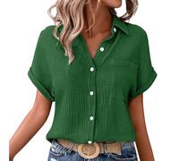 Shffuw Linen Tops for Women UK Summer Ladies Casual Button Down Short Sleeve Tunic Blouses Textured Collared Solid Elegant T-Shirts Oversized Trendy Lounge Cotton Baggy Tshirts Size S-5XL