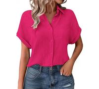 Shffuw Linen Tops for Women UK Summer Ladies Casual Button Down Short Sleeve Tunic Blouses Textured Collared Solid Elegant T-Shirts Oversized Trendy Lounge Cotton Baggy Tshirts Size S-5XL