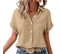 Shffuw Linen Tops for Women UK Summer Ladies Casual Button Down Short Sleeve Tunic Blouses Textured Collared Solid Elegant T-Shirts Oversized Trendy Lounge Cotton Baggy Tshirts Size S-5XL