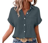 Shffuw Linen Tops for Women UK Summer Ladies Casual Button Down Short Sleeve Tunic Blouses Textured Collared Solid Elegant T-Shirts Oversized Trendy Lounge Cotton Baggy Tshirts Size S-5XL