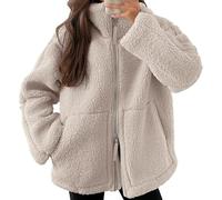 Shffuw Teddy Fleece Jacket Women Full Zip Soft Sherpa Fleece Ladies Fluffy Jackets Solid Color Long Sleeve Coats Autumn Winter Comfy Warm Crew Neck Sweatshirts Wool Coat Outwear With Pockets