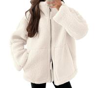 Shffuw Teddy Fleece Jacket Women Full Zip Soft Sherpa Fleece Ladies Fluffy Jackets Solid Color Long Sleeve Coats Autumn Winter Comfy Warm Crew Neck Sweatshirts Wool Coat Outwear With Pockets