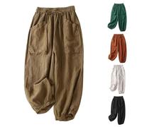 Shffuw Women's Cotton and Linen Casual Harem Pants for Women and Versatile Large Pocket Wide Leg Nine Point Casual Trousers Womens Pants Casual Work Plus Size (Coffee, L)